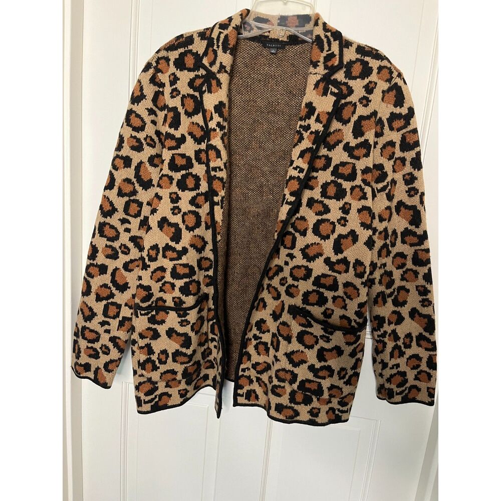 Talbots Womens L Leopard Print Wool Blend Open Front Cardigan Jacket Animal